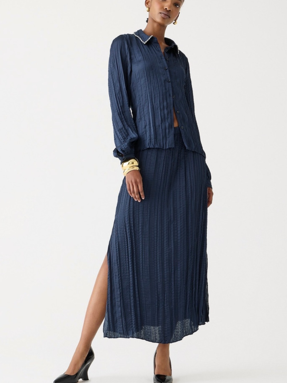 J. Crew Crystal Embellished Blue Shirt and Side Slit Skirt in Crinkle Satin Set